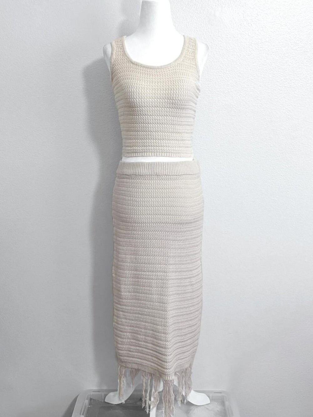 NWT Freshman 1996 Cream Knit Fringe Hem Top & Maxi Skirt Two-Piece Set | Size M